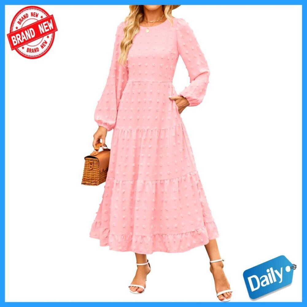 Swiss Dot Tiered Maxi Dress Long Sleeve Flowy A-Line Wedding Cocktail Party